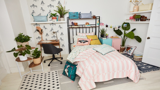 A dorm room featuring decor from The Novogratz collaboration with Bed Bath & Beyond.