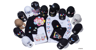 The Takashi Murakami x New Era collection featuring hats and clothing with designs from Murakami