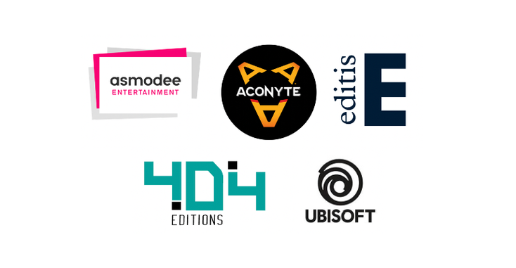 The 404 Publishing/Editis, Asmodee and Ubisoft logos, who are all helping launch the novels in France.