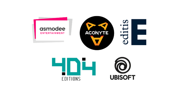 The 404 Publishing/Editis, Asmodee and Ubisoft logos, who are all helping launch the novels in France. The 404 Publishing/Editis, Asmodee and Ubisoft logos, who are all helping launch the novels in France.