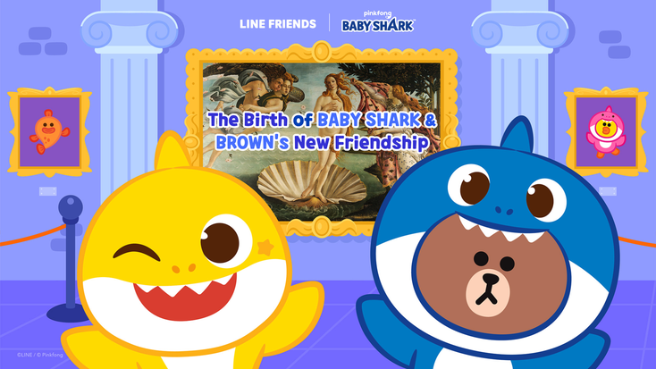 Baby Shark and Brown (dressed in a Baby Shark costume) in front of "Birth of Venus."