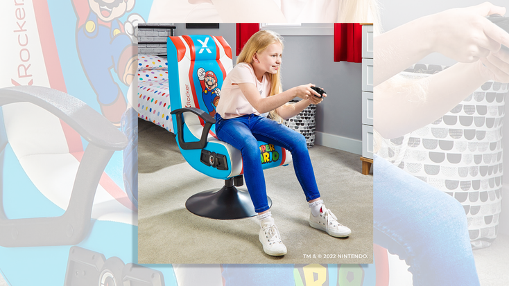 Super Mario-branded gaming chairs from X Rocker. Super Mario-branded gaming chairs from X Rocker.