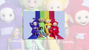 The Teletubbies alongside models wearing items from the ellesse and GoGuy collection.