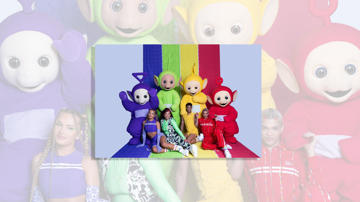 The Teletubbies alongside models wearing items from the ellesse and GoGuy collection.