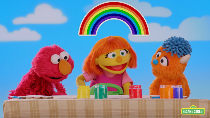 Elmo, Julia and Rudy in a new resource video.