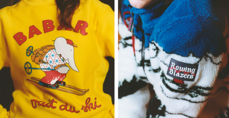 A fleece jacket and sweater from the second collection between Rowing Blazers and Babar. A fleece jacket and sweater from the second collection between Rowing Blazers and Babar.