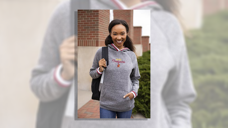 Model wearing a USC sweatshirt. Model wearing a USC sweatshirt.