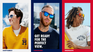 A Tommy Hilfiger Spring/Summer 2023 eyewear campaign image featuring athletes Scotty James, Sergio Ramos and Nick Pescetto. 