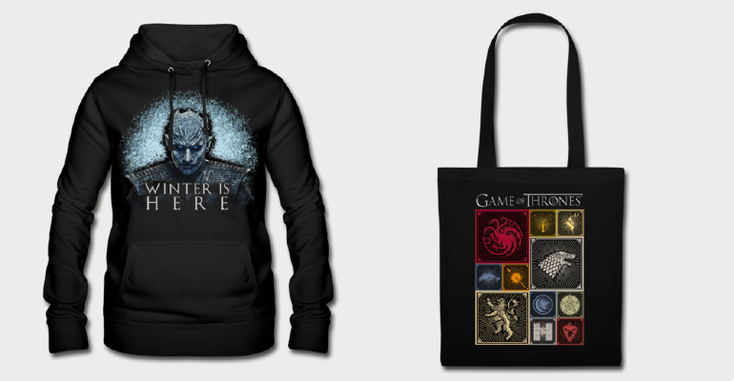 Items from Spread Group's Game of Thrones Print-on-Demand collection, including a sweatshirt and tote bag.
