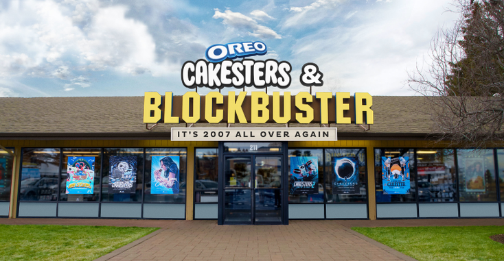 The exterior of the last Blockbuster store, featuring Oreo signage The exterior of the last Blockbuster store, featuring Oreo signage