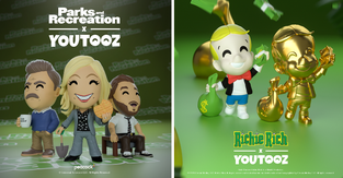 A promotional image for the "Parks & Rec" Youtooz figures and "Richie Rich" Youtooz figures, coming later this month. 