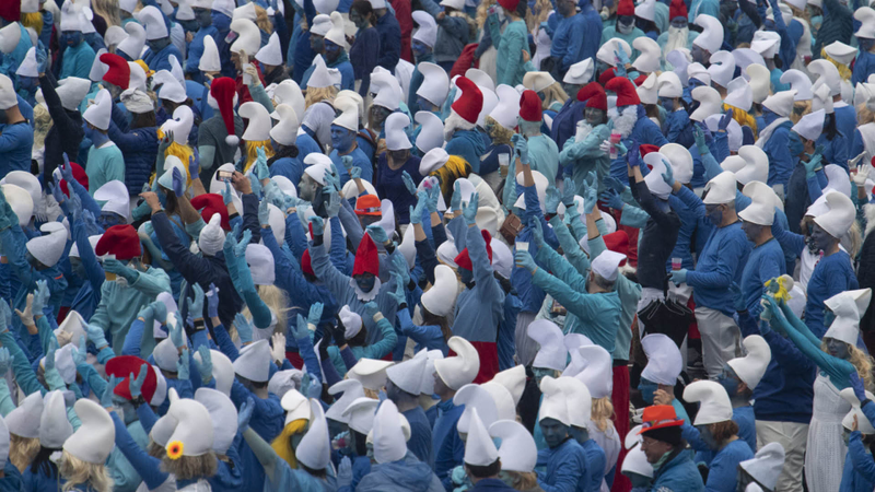 Thousands of people dressed up as Smurfs in Landerneau, France 