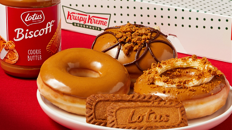 The three doughnuts from the Krispy Kreme x Biscoff collection.