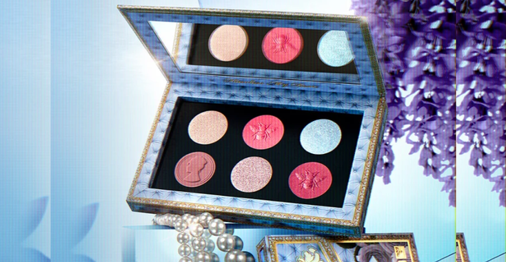 Eyeshadow palette from the Pat McGrath and "Bridgerton" collection, featuring shades of pink, red, and icy blue.