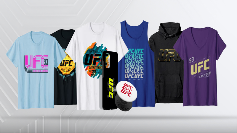 New UFC merchandise, including T-shirts, hoodies, tank tops and phone accessories.