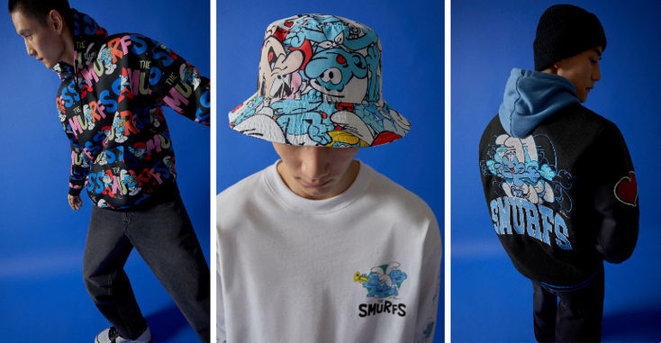 A hat, sweatshirt, and t-shirt from the Smurfs collection for Pull&Bear.