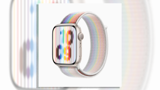 Apple Watch featuring a Pride watch face and band.