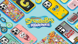 Promotional image for the second Spongebob x Casetify collab, featuring AirTags, iPhone cases and Galaxy cases.