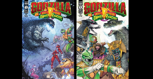 Covers from "Godzilla Vs. The Mighty Morphin Power Rangers," featuring characters from both franchises