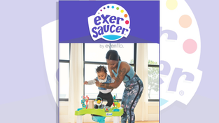 Mom and baby using the ExerSaucer.