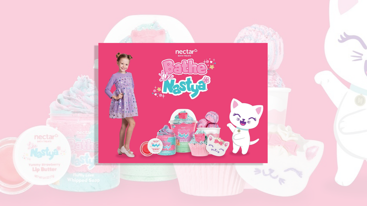 Promotional image for Bathe like Nastya, which showcases bath bombs, lip butter and more. Promotional image for Bathe like Nastya, which showcases bath bombs, lip butter and more.