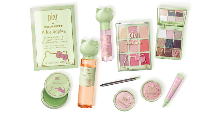Cosmetics from the pixi beauty and hello kitty collaboration, which include eyeshadow and toner Cosmetics from the pixi beauty and hello kitty collaboration, which include eyeshadow and toner
