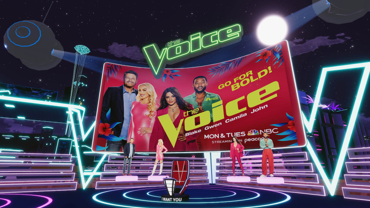 “The Voice” coaches (Blake Shelton, Gwen Stefani, Camila Cabello and John Legend) in the metaverse. 