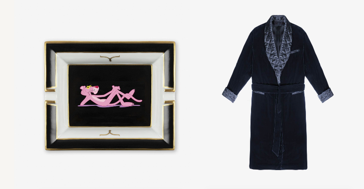 Items from the Larusmiani x Pink Panther collection including a velvet robe and pocket emptier. 