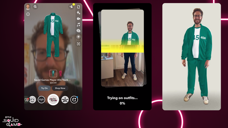 "Squid Game" AR costumes as featured on Snapchat. "Squid Game" AR costumes as featured on Snapchat.