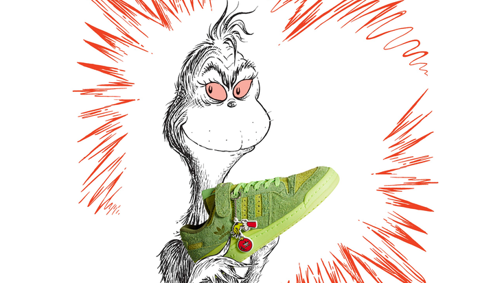 A Grinch illustration with featuring the Grinch Forum Low. 