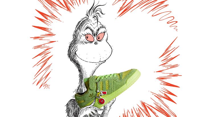 A Grinch illustration with featuring the Grinch Forum Low. A Grinch illustration with featuring the Grinch Forum Low.