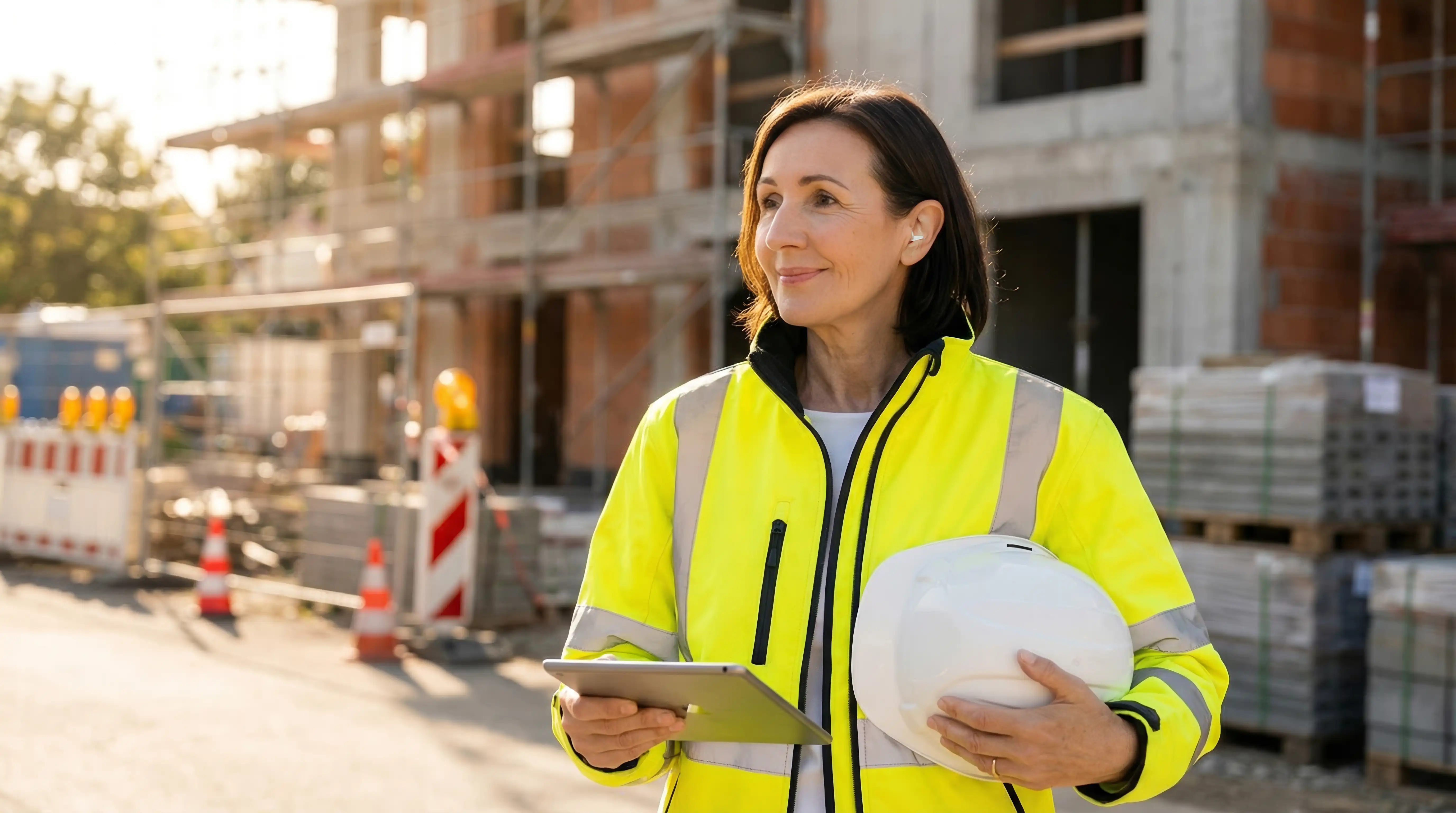 GEERS Gehörschutz in Anwendung auf der Arbeit bei einer Frau mit Schutzjacke und Helm auf der Baustelle