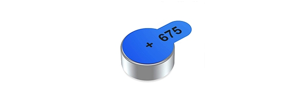 Image of blue hearing aid battery size 675.