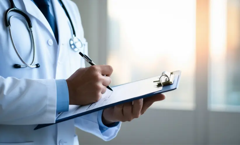 Arzt macht sich Notizen am Klappbrett.webp