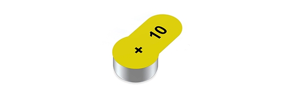 Image of yellow hearing aid battery size 10.