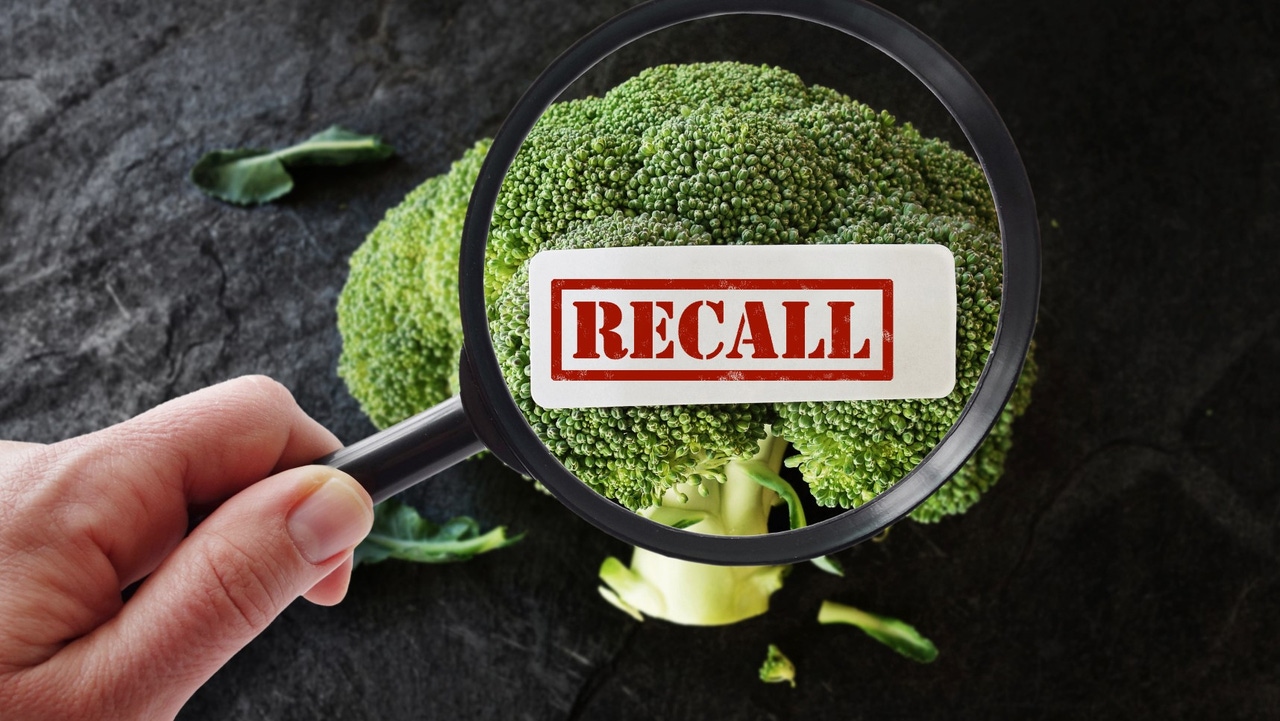 A magnifying glass over recalled broccoli. A magnifying glass over recalled broccoli.