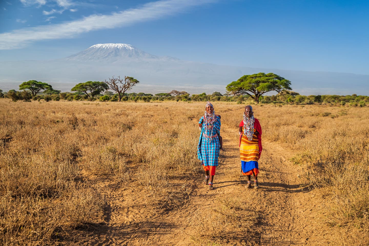Kenias Kultur: zwei Massai-Frauen vor dem Kilimandscharo