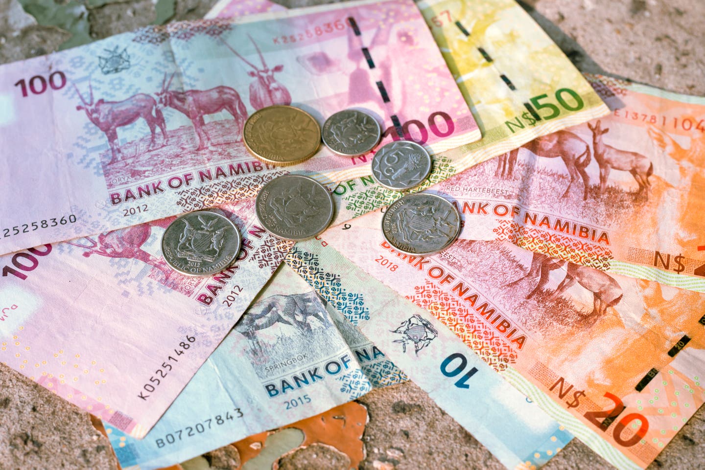Namibias Währung: verschiedene Banknoten und Münzen nigerianischer Währung