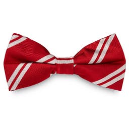 Cherry Red & Silver-Tone Stripe Silk Pre-Tied Bow Tie