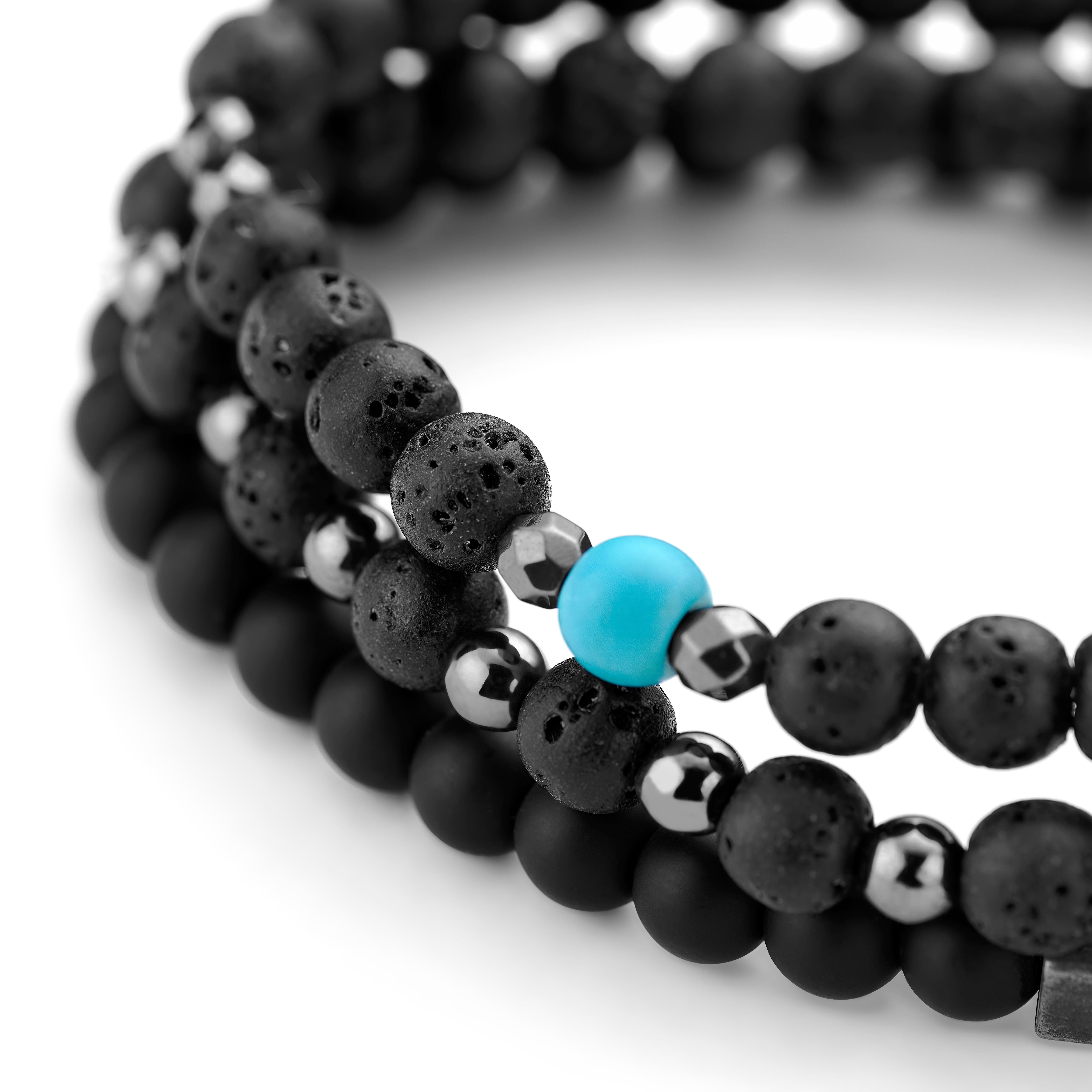 Sada náramkov s korálkami z čierneho ónyxu, lávového kameňa, tyrkysu a hematitu - 2