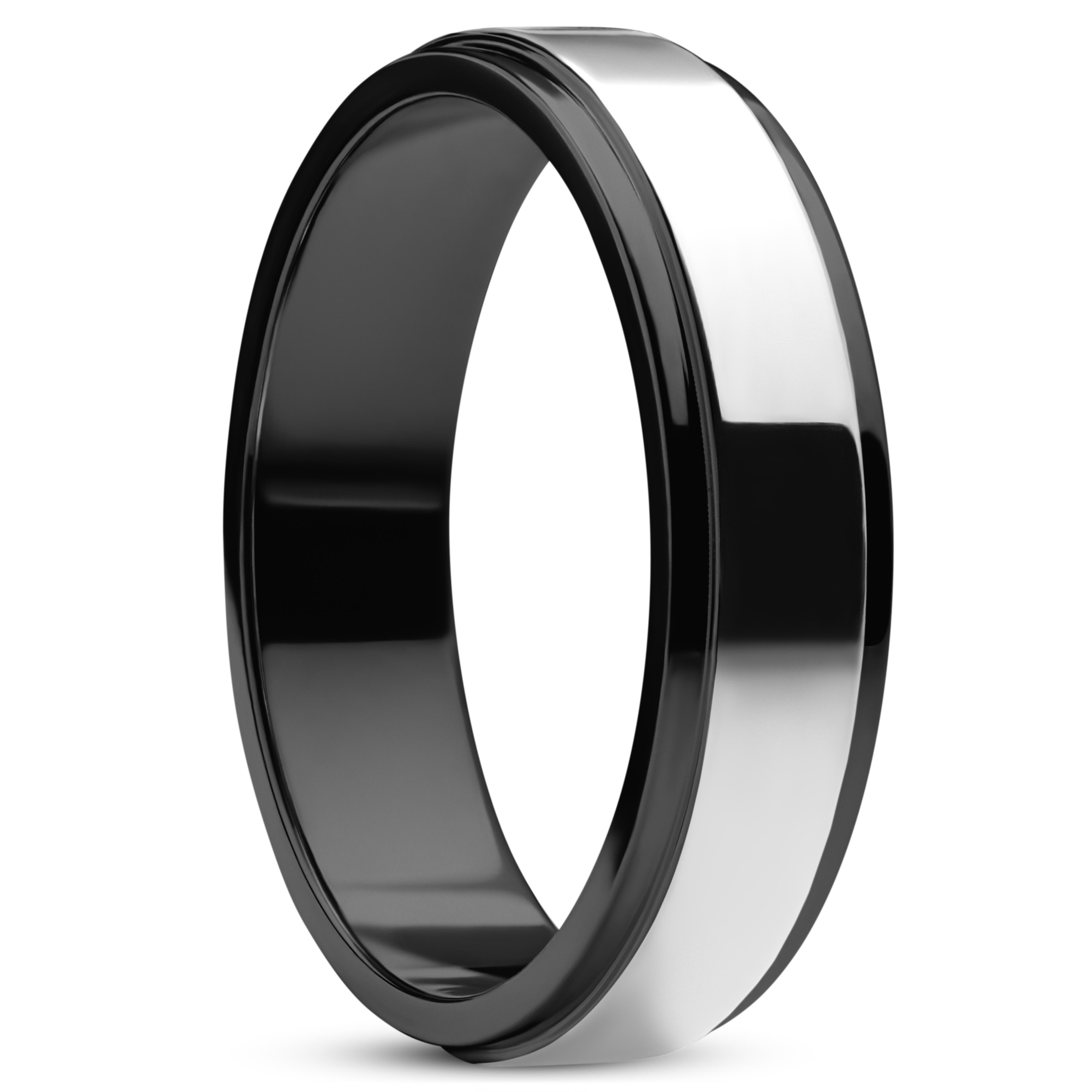 Ferrum | Полиран черно-сребрист стоманен пръстен с повдигната ивица 6 мм