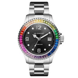 Tide  | Silver-Tone Stainless Steel Watch With Black Dial & Rainbow Jewelled Bezel