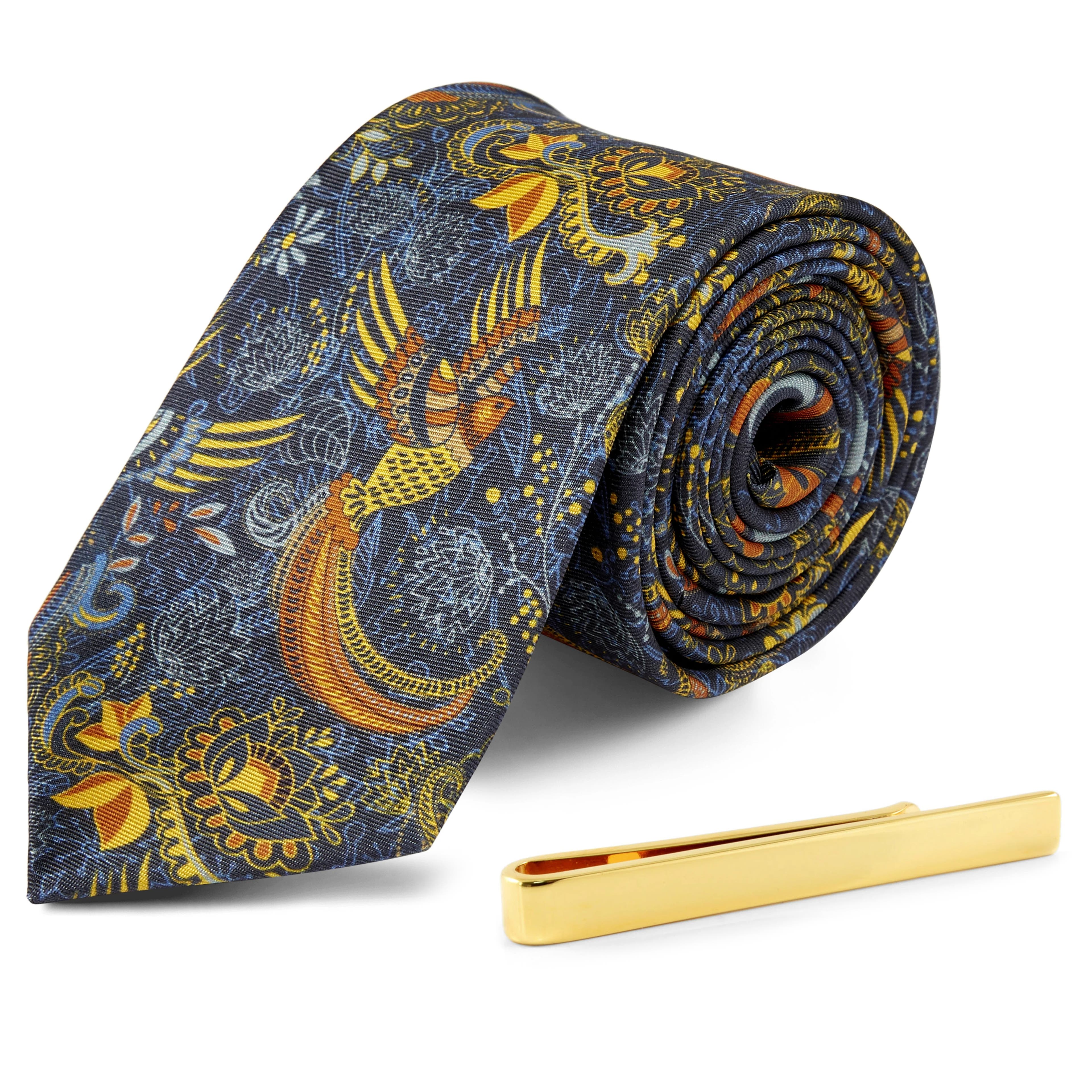 Bohemian Silk Necktie and Gold-Tone Tie Bar Set