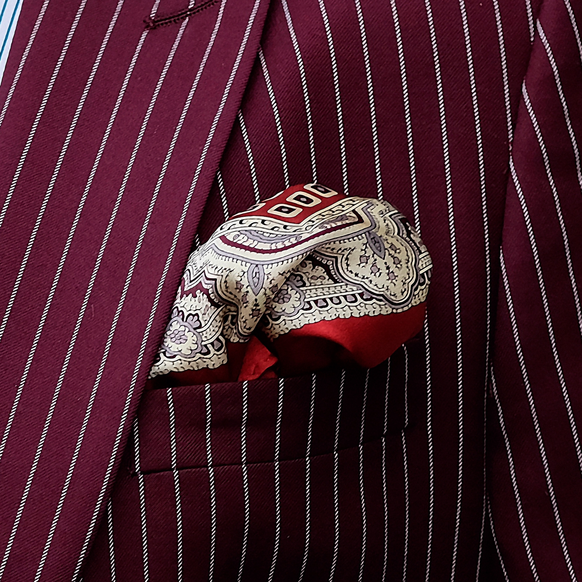 Deep Red, Black & White Vintage Pattern Silk Pocket Square - 3