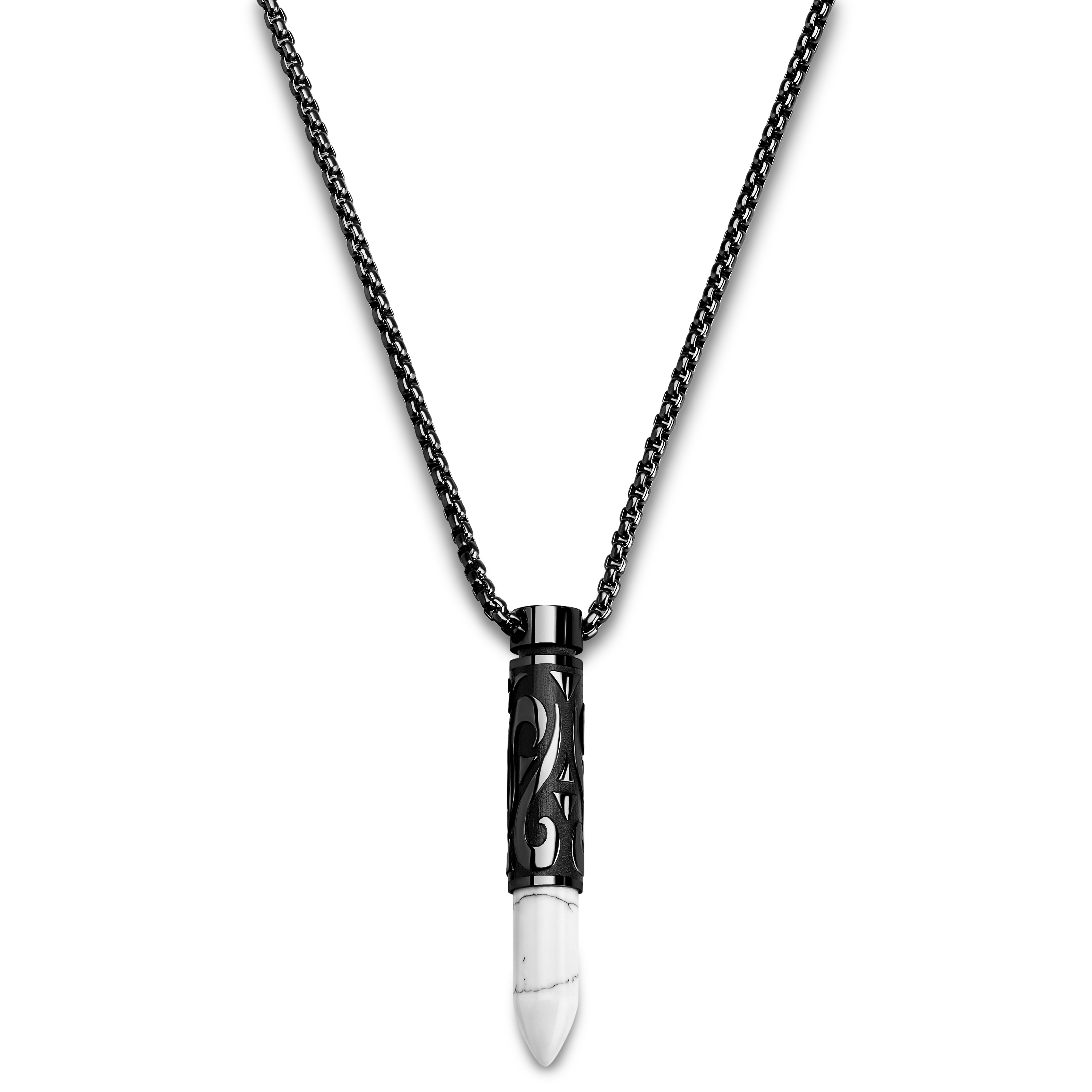 Rico |  Collier avec pendentif balle en acier inoxydable noir et pierre howlite blanche - 2