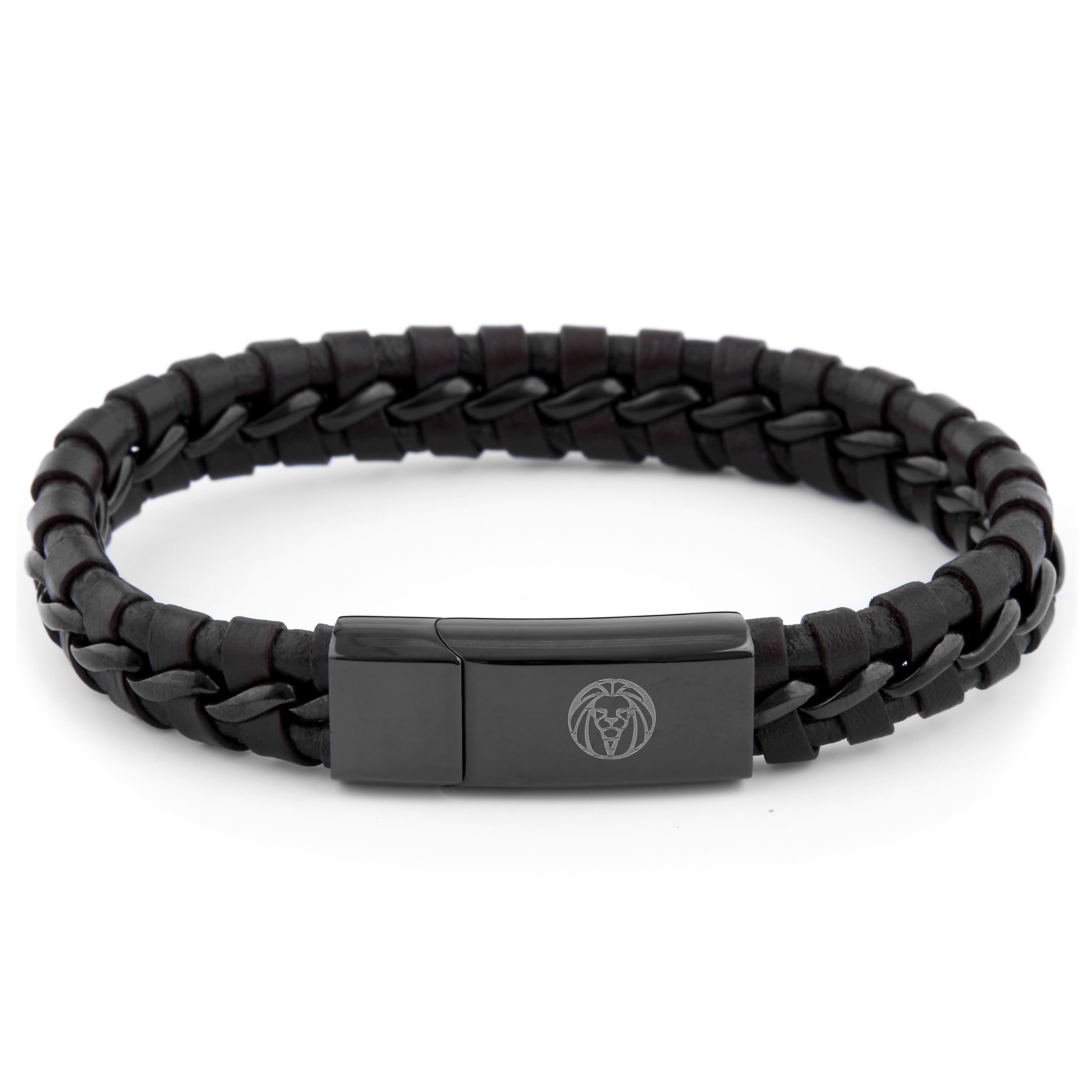 Black Braided Leather & Stainless Steel Bracelet