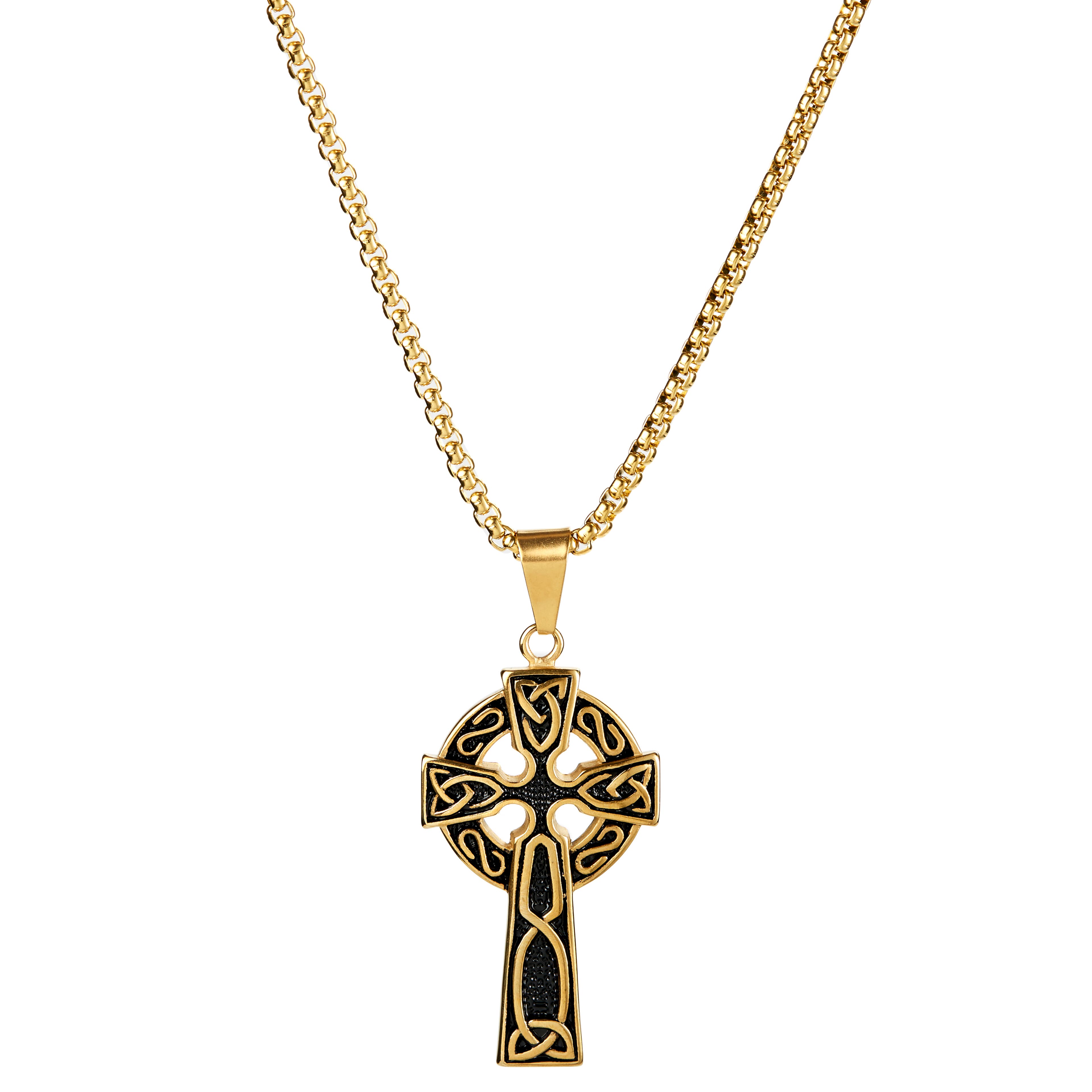 Ocelový náhrdelník s keltským křížkem ve zlaté barvě