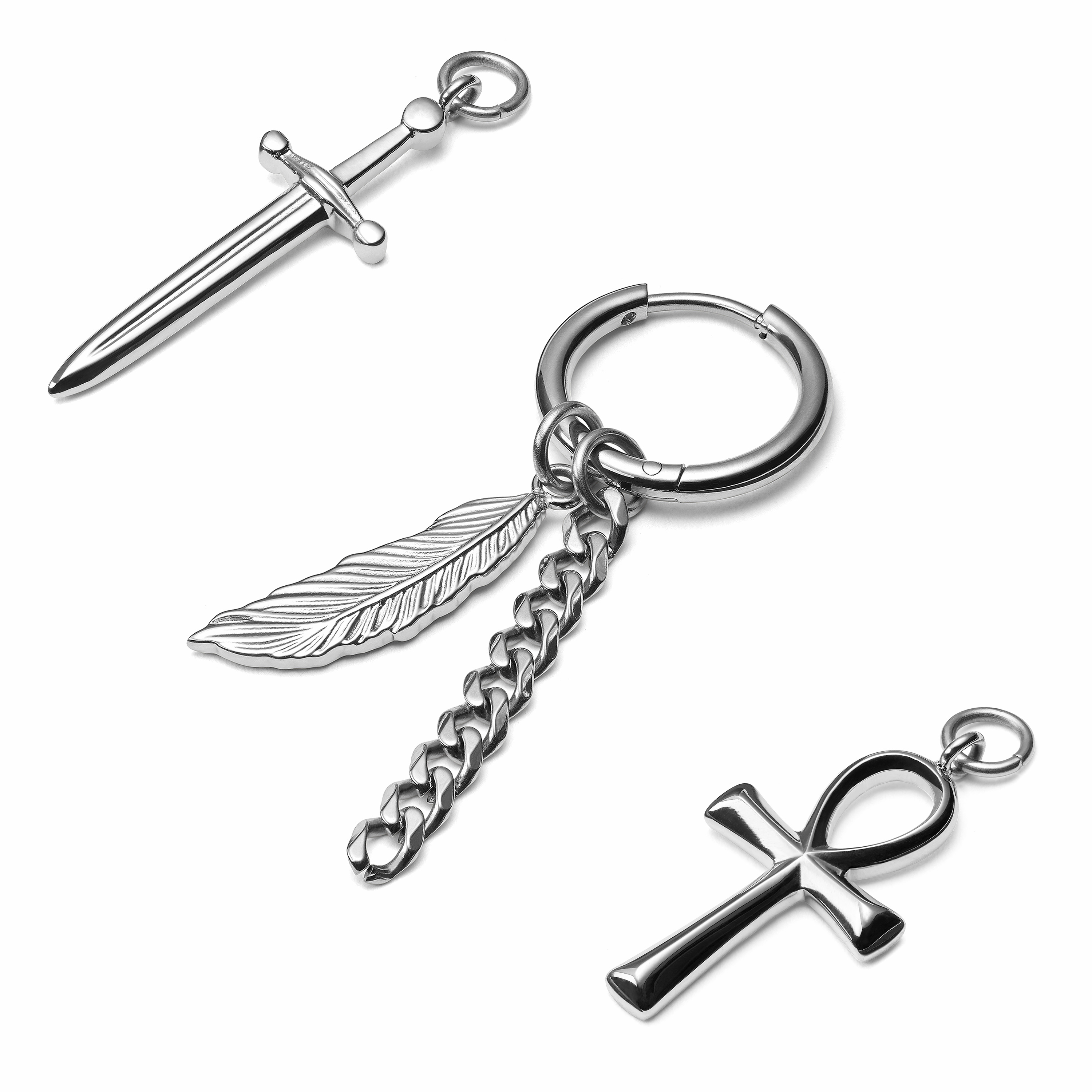 Zilverkleurige Stalen Oorbel met 4 Bedeltjes - 2