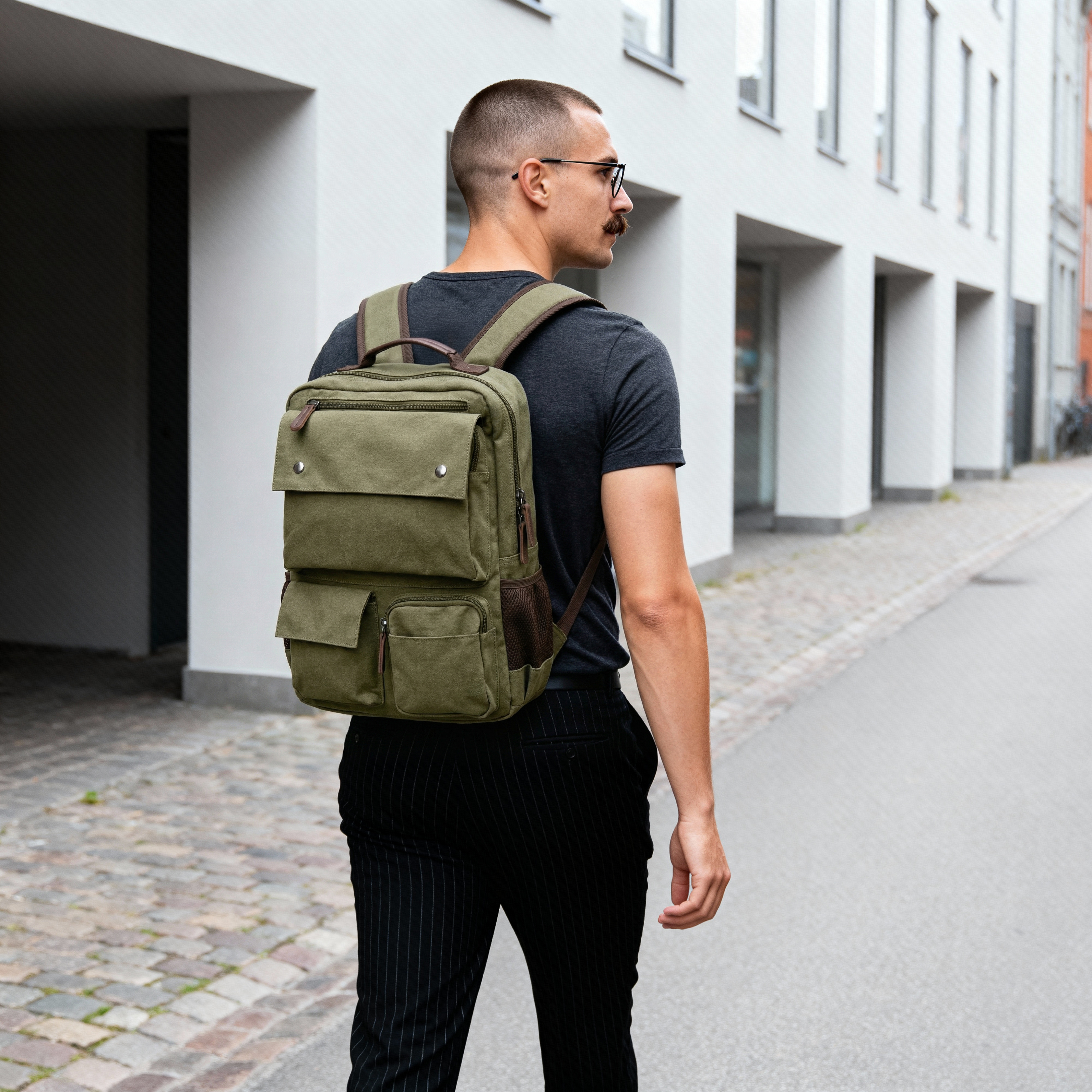 Army Green Canvas & Brown Leather Compact Backpack - 2