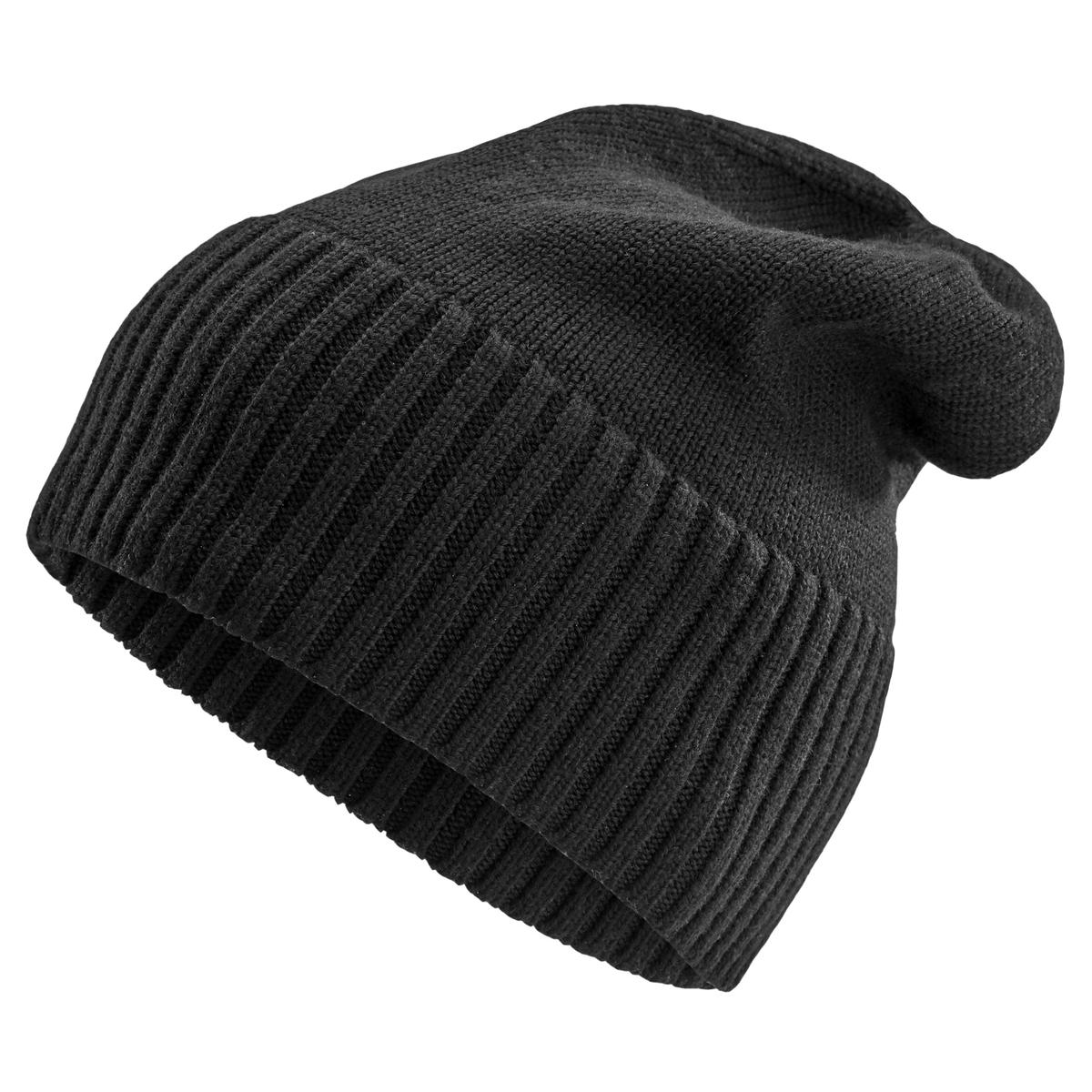 Black Merino Wool Chunky Fine Knitted Rib Beanie In stock